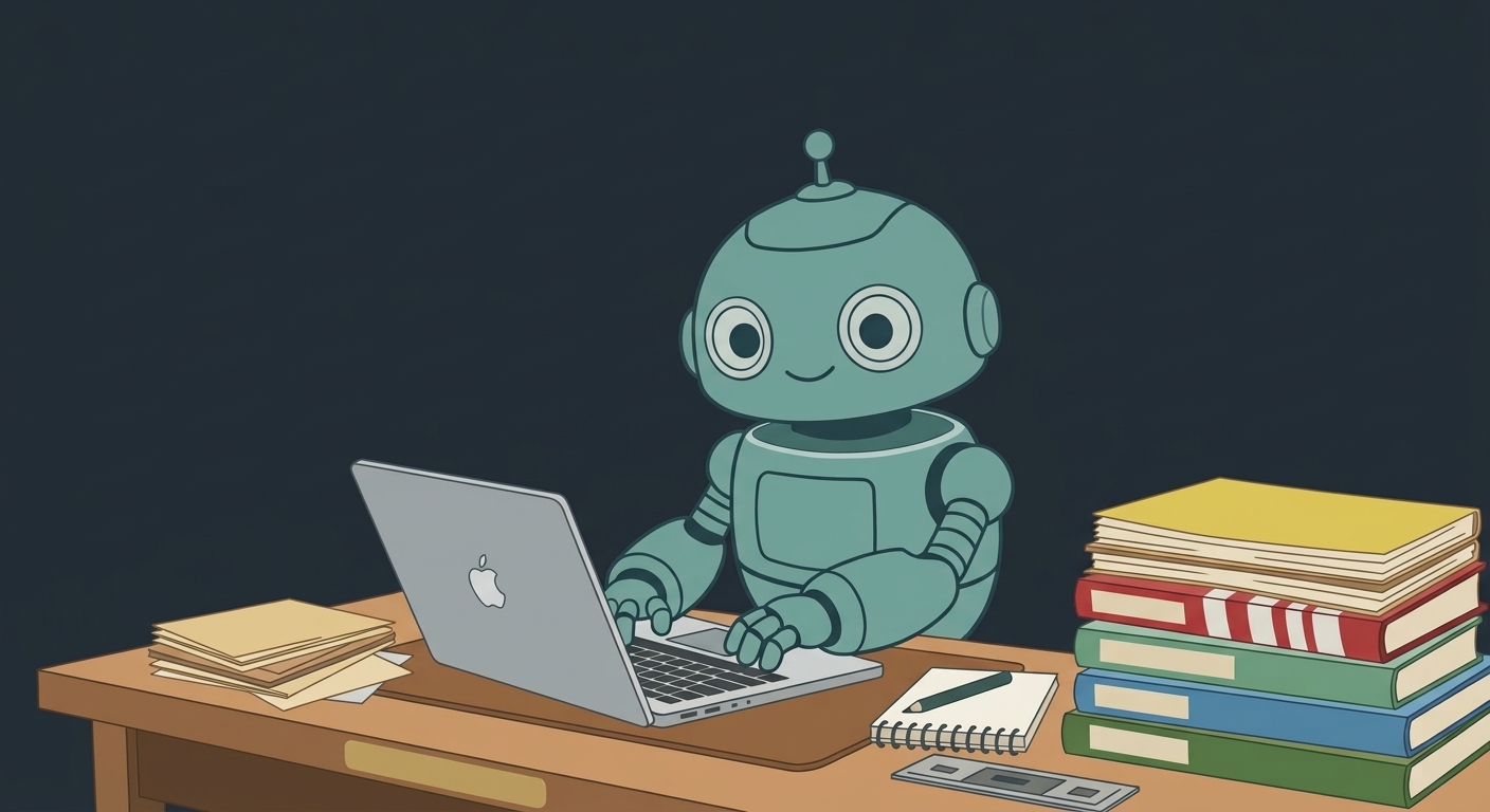 Robot mascotte EBCréation travaillant sur un ordinateur portable